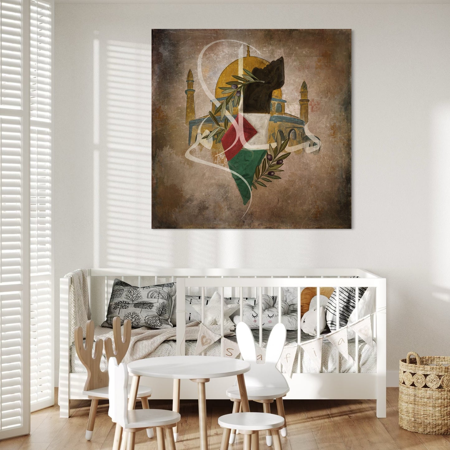 Rooted Resistance: Palestine Map & Al-Aqsa mosque, olive leaves - Canvas Print | Islamic Wall Art - ARPS2104