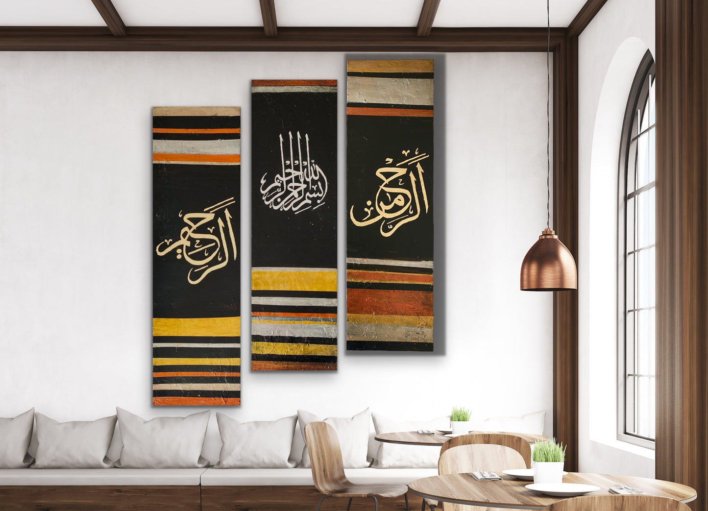 Bismillah Islamic Wall Art - Set of 3 canvases - Black, Gold, silver and bronze | Hand Painted Canvas Art - ARHP1132