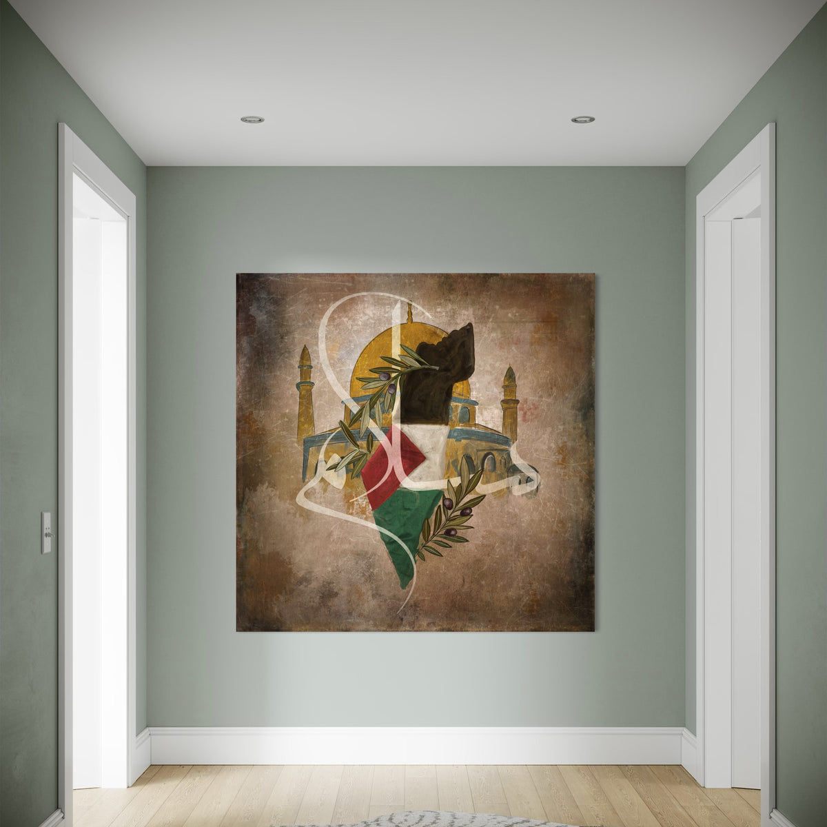 Rooted Resistance: Palestine Map & Al-Aqsa mosque, olive leaves - Canvas Print | Islamic Wall Art - ARPS2104