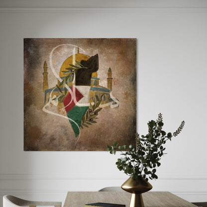 Rooted Resistance: Palestine Map & Al-Aqsa mosque, olive leaves - Canvas Print | Islamic Wall Art - ARPS2104