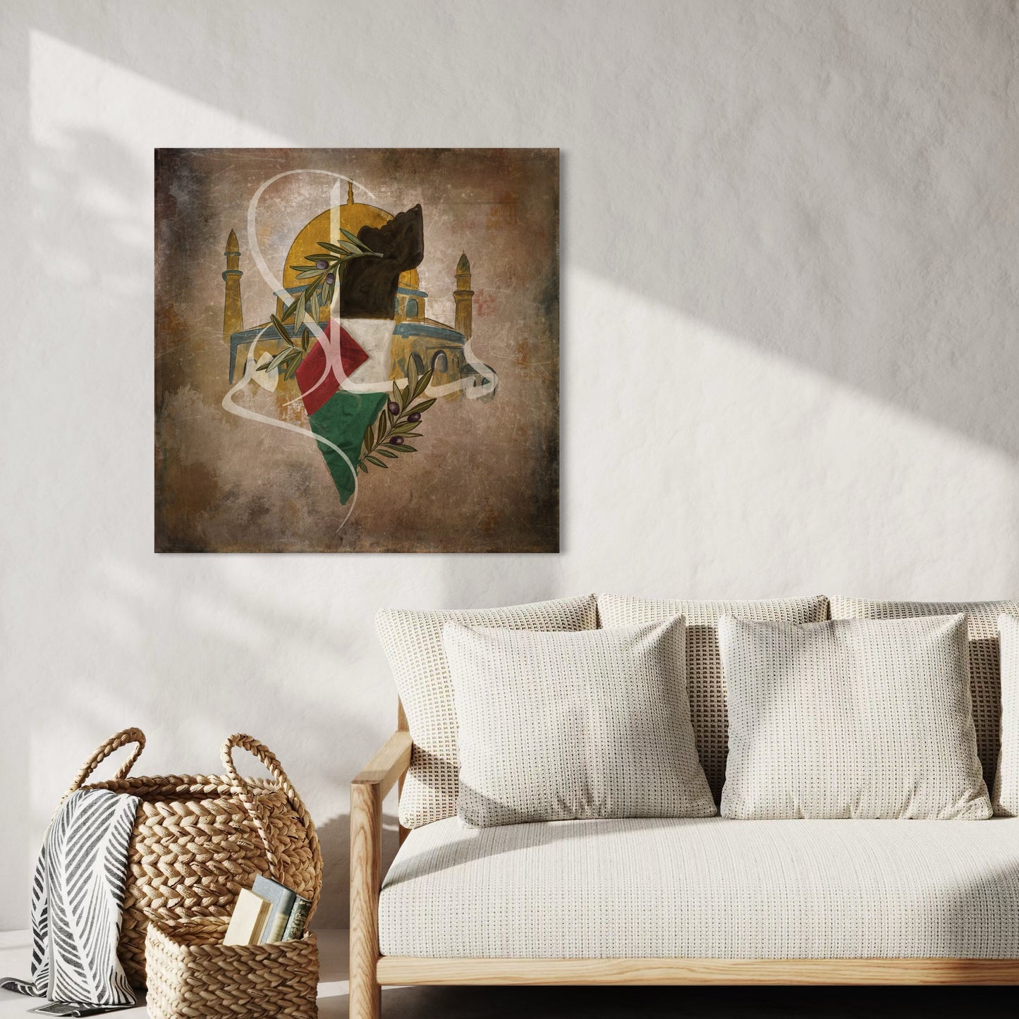Rooted Resistance: Palestine Map & Al-Aqsa mosque, olive leaves - Canvas Print | Islamic Wall Art - ARPS2104