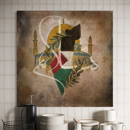 Rooted Resistance: Palestine Map & Al-Aqsa mosque, olive leaves - Canvas Print | Islamic Wall Art - ARPS2104