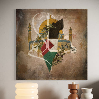 Rooted Resistance: Palestine Map & Al-Aqsa mosque, olive leaves - Canvas Print | Islamic Wall Art - ARPS2104