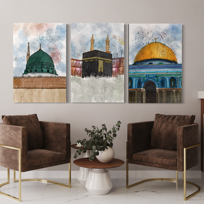 Set of 3 canvases Makkah, Medina and Masjid Al Aqsa Watercolor painting on canvas - Islamic modern Wall Art Print on canvas - ARPS2139