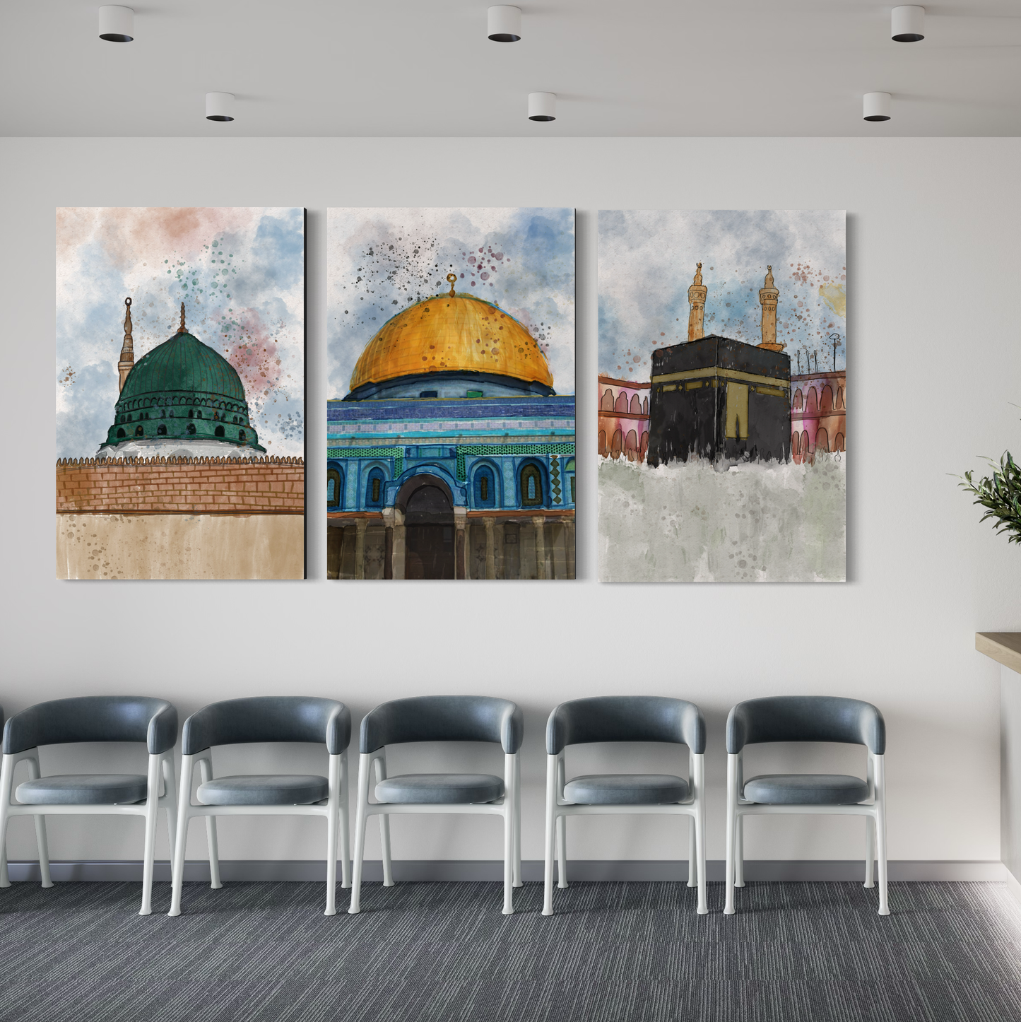 Set of 3 canvases Makkah, Medina and Masjid Al Aqsa Watercolor painting on canvas - Islamic modern Wall Art Print on canvas - ARPS2139