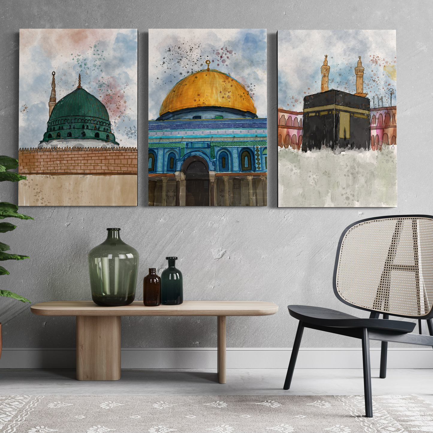 Set of 3 canvases Makkah, Medina and Masjid Al Aqsa Watercolor painting on canvas - Islamic modern Wall Art Print on canvas - ARPS2139