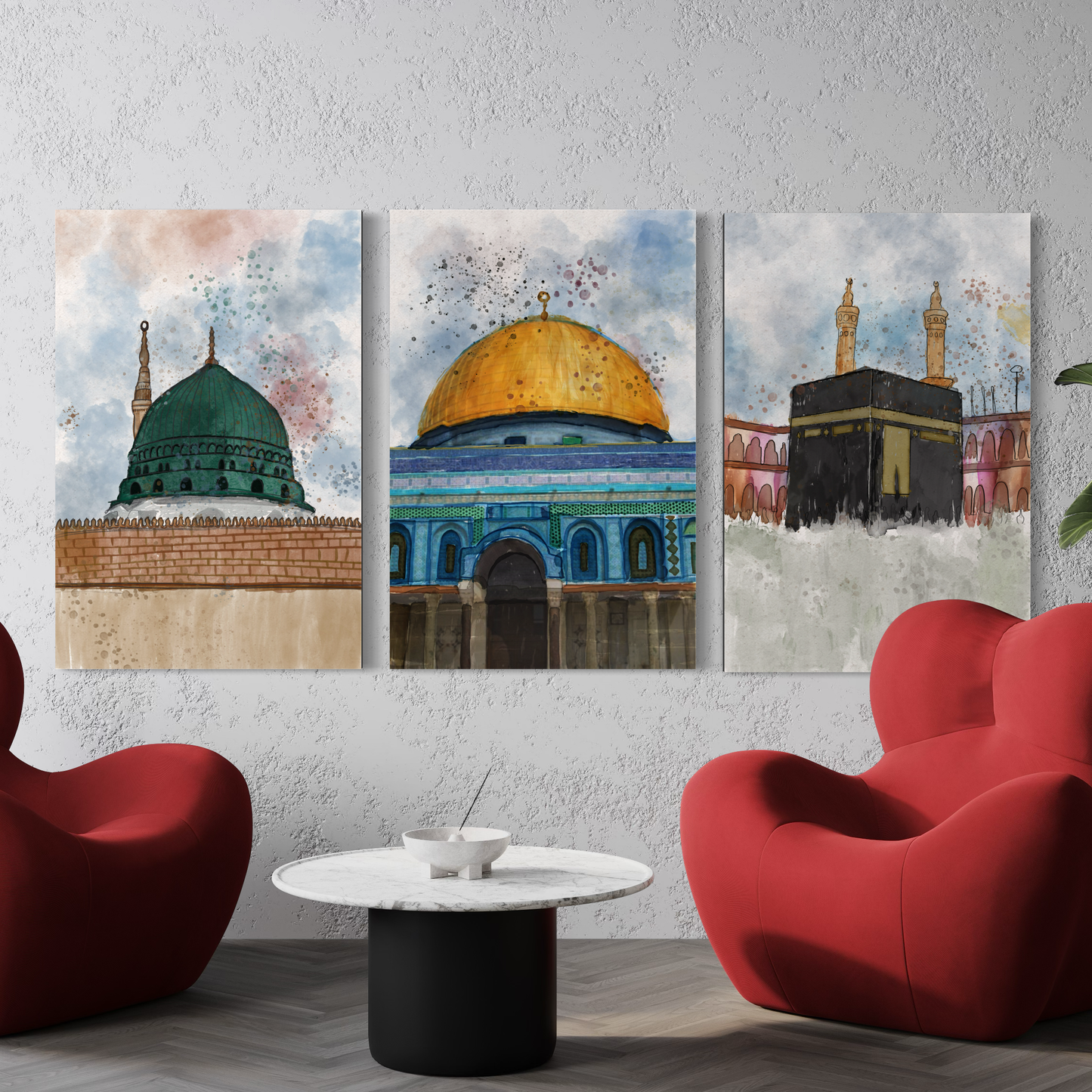 Set of 3 canvases Makkah, Medina and Masjid Al Aqsa Watercolor painting on canvas - Islamic modern Wall Art Print on canvas - ARPS2139