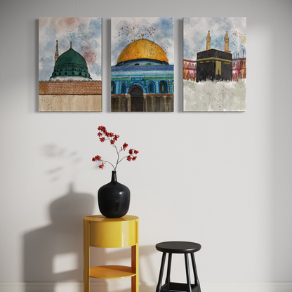 Set of 3 canvases Makkah, Medina and Masjid Al Aqsa Watercolor painting on canvas - Islamic modern Wall Art Print on canvas - ARPS2139