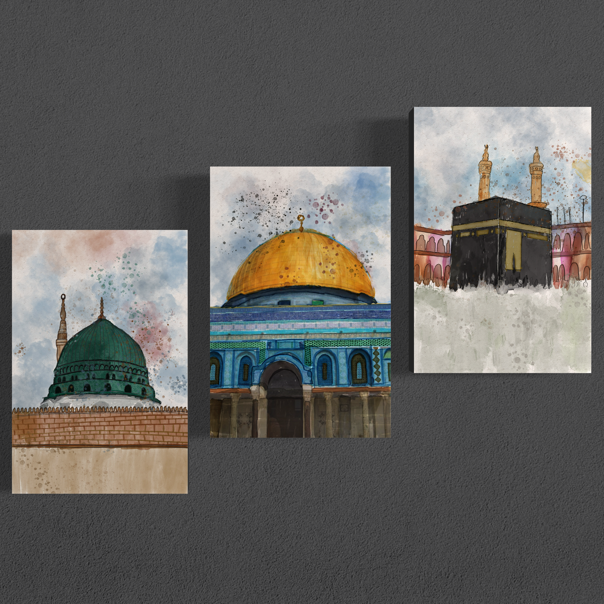 Set of 3 canvases Makkah, Medina and Masjid Al Aqsa Watercolor painting on canvas - Islamic modern Wall Art Print on canvas - ARPS2139