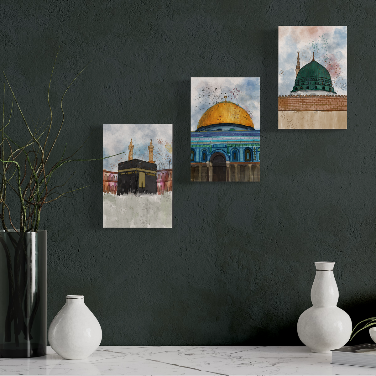 Set of 3 canvases Makkah, Medina and Masjid Al Aqsa Watercolor painting on canvas - Islamic modern Wall Art Print on canvas - ARPS2139