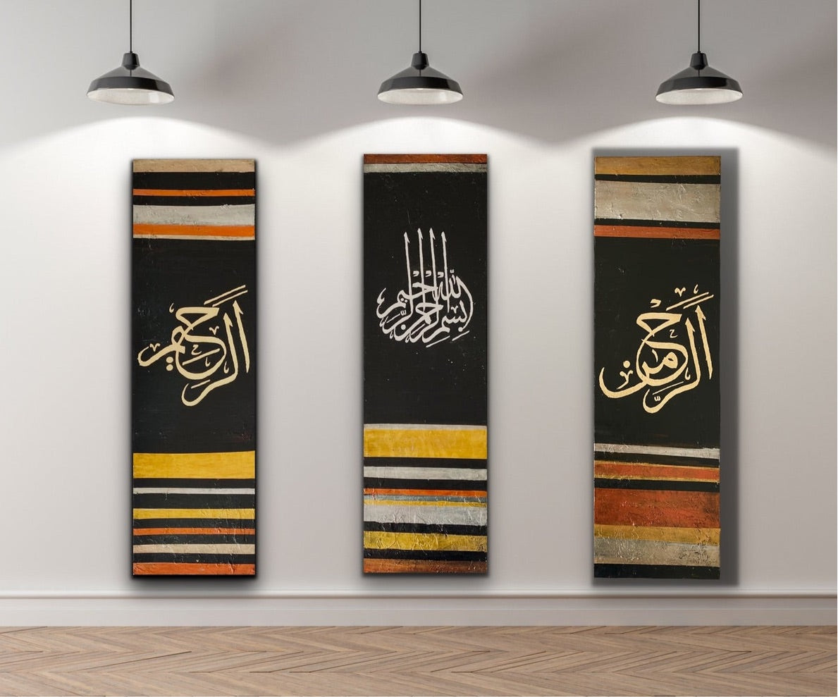 Bismillah Islamic Wall Art - Set of 3 canvases - Black, Gold, silver and bronze | Hand Painted Canvas Art - ARHP1132