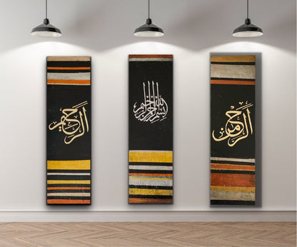 Bismillah Islamic Wall Art - Set of 3 canvases - Black, Gold, silver and bronze | Hand Painted Canvas Art - ARHP1132