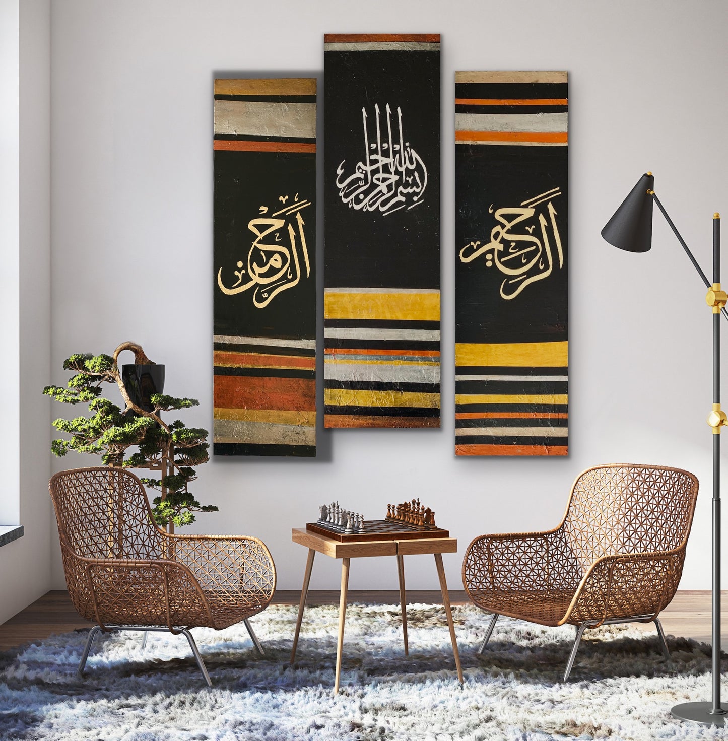 Bismillah Islamic Wall Art - Set of 3 canvases - Black, Gold, silver and bronze | Hand Painted Canvas Art - ARHP1132